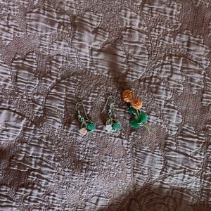 Green and Orange Floral Earrings and Brooche